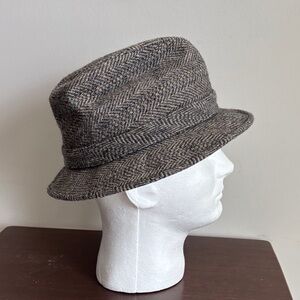 Vintage Walking Hat Tweed Wool Herringbone Patterned Hat Fedora
